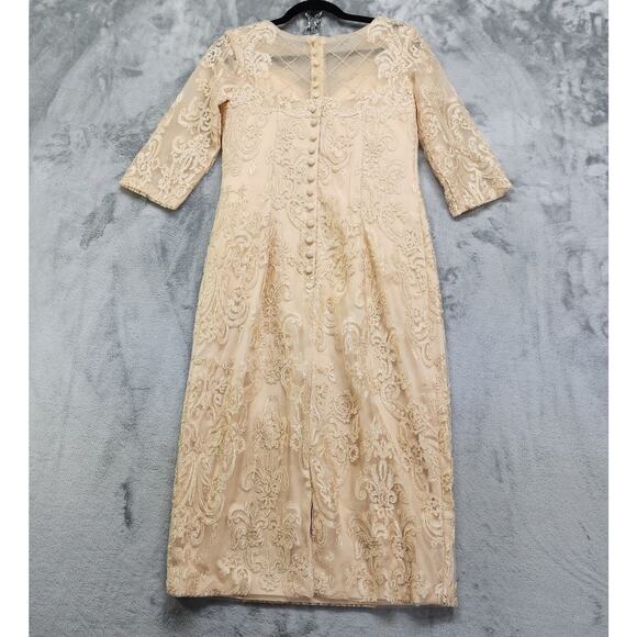 Formal Dress Jacket Set Size 10 Champagne Gold Beaded Lace Chiffon Sheath Party - Picture 6 of 14